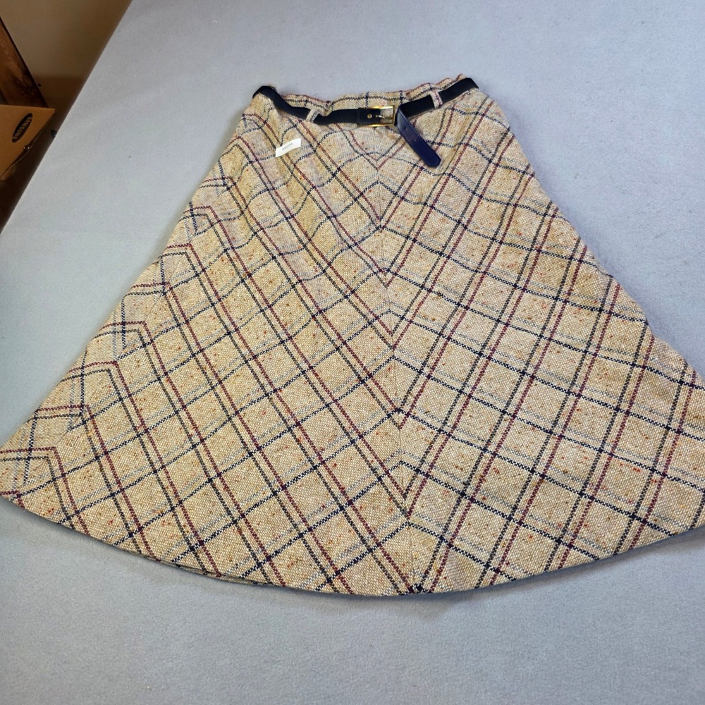 Vintage Dudley Pure Wool Plaid A-Line Midi Skirt Tan Multicolor Belted Size 7/8